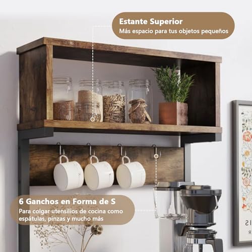 YYDSKIT Alacena de Almacenamiento de 5 Niveles, Estante de Cocina con 6 Ganchos，Estantes Organizadores, Estante de Microondas, Almacenamiento Multiusos de Cocina, Sala, Oficina，Cafetería (Marrón)