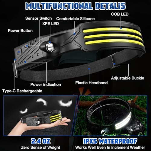 MLIAIMCE Headlamp, 2 Pieces Super Bright 3000 Lumens Rechargeable LED Front LED 3 x LED with Motion Sensor 230 ° Angle, IPX5 Waterproof 0.14lb Lightweight Head Torch for Running Camping