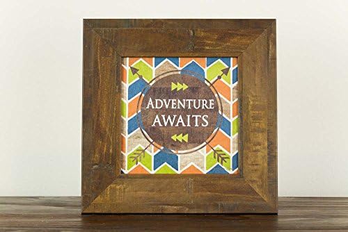 Adventure Awaits Orange Navy Orange Aztec Arrow Feather Restored Wood Framed Art Decor Nursery 12x12"