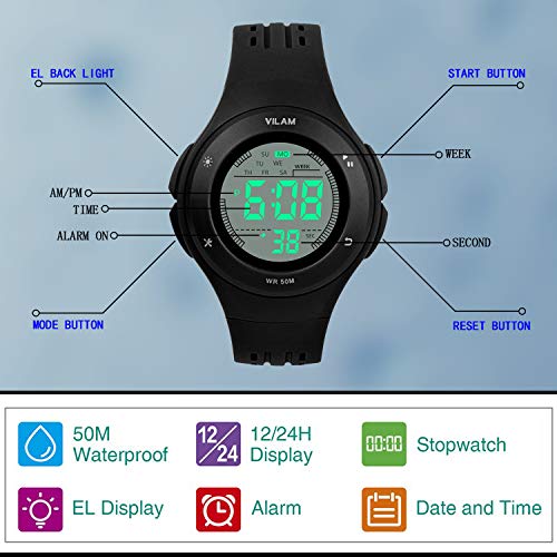 image for etway Kids Digital Sport Watch Outdoor Waterproof Watch LED Alarm Stop