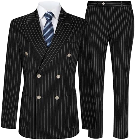 MOGU Mens Double Breasted Pinstripe Suit - 2 Piece Slim Fit