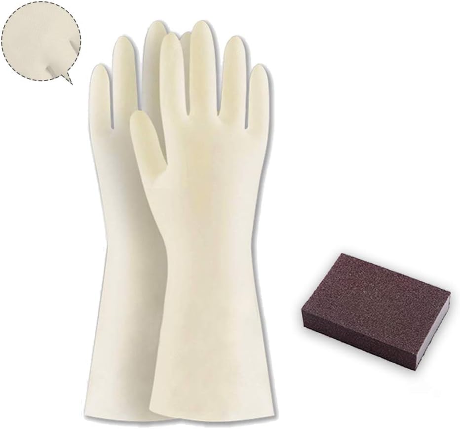 Nitrile Gloves & Emery Descaling Sponge, Latex Free, Powder Free, Vinyl Free, Reusable Dishwashing Gloves for Kitchen, Laundry, Household, Non-Slip Cleaning Gloves, Milky, 13inch S Household Gloves