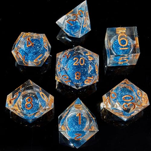 Fugacity DND Dice Set, Liquid Core Handmade Sharp Edge 7 Piece Resin Dice-Dunge…