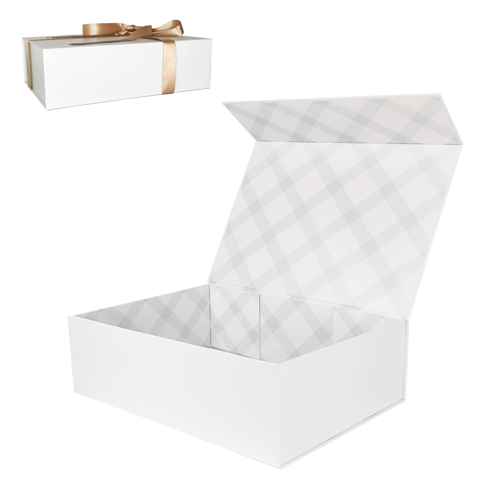 Tekhoho White Large Gift Box 33x23.7x10 cm, Premium Present Box with Magnetic Lid and Ribbon for Holidays Wedding Birthday Gift Packaging, Plaid Lining
