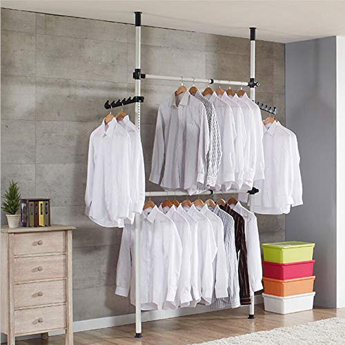 lyrlody Telescopic Clothes Rail, 2 Poles 2 Bars Heavy Duty Clothes Drying Rack Foldable Telescopic Coat Hanger Wardrobe Organiser DIY Tidy Rail Stainless Steel Garment Rack Adjustable 281-329cm