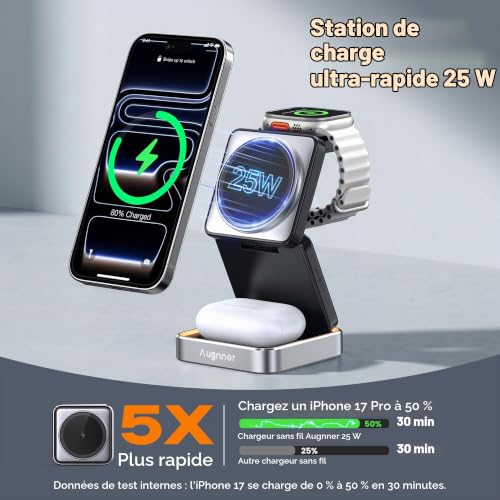 25W Charging Dock, Foldable Induction Charger 3 in 1, Wireless Charger Compatible with Magsafe and Night Light for iPhone 17/16/15/14/13/12 Series, AirPods, Apple Watch with 45W Charger