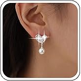 Yheakne Vintage Rhinestone Heart Pearl Drop Earrings Pearl Dangle Earrings Silver Love Heart Stud Earrings Sparkly Cz Pearls Earrings Jewelry for Women