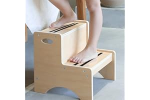 HAJACK Step Stool for Kids, Wood Two Step Children's Stool with Bonus Safety Non-Slip Mats and Handles, Bathroom Potty Stool& Kitchen Step Stool for Home Use (Natural)