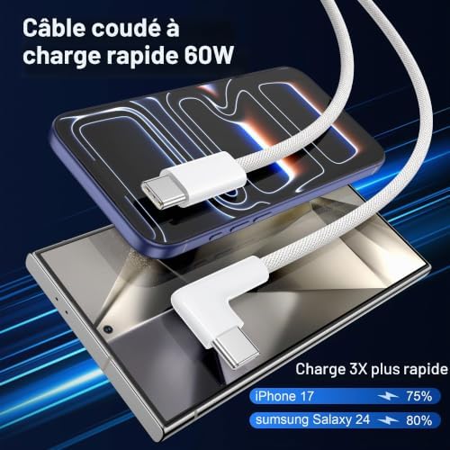 Câble USB C vers USB C [2M, Lot de 2] Cable USB C Charge Rapide 60W PD 3.0