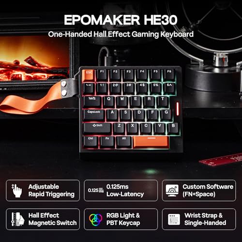EPOMAKER HE30 One-Handed Hall Effect Keyboard, 8K Polling & 0.125ms, SOCD & Snap Key, Adjustable Trigger, PBT Keycap, RGB, Custom Software, Wired Gaming Keyboard for PC/Gamer (Black Orange)