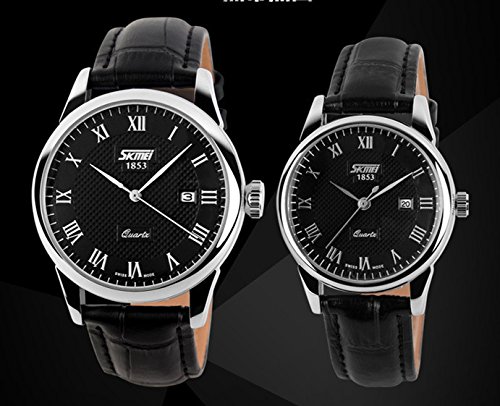 David Fashion SKMEI Pair of Watches Sliver Alloy Calendar Leather Men Women Gift Watch Business Date 3ATM Japan Quartz Movement - Full Black