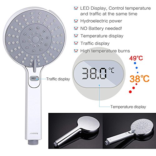 LED Thermometer Handheld Shower Head, Ahbbry Chrome 5 Setting Functions