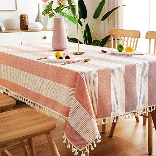 AmHoo Striped Tassel Cotton Linen Tablecloth Washable Rectanglar Table Covers for Kictchen Dining Table Decoration,54 x 86 inch, Orange