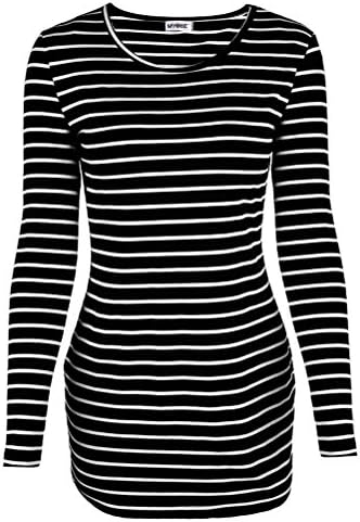 Myobe Women's Casual Rayon Striped O Neck Long Sleeve Bottom T-Shirt Blouse Tops White Black