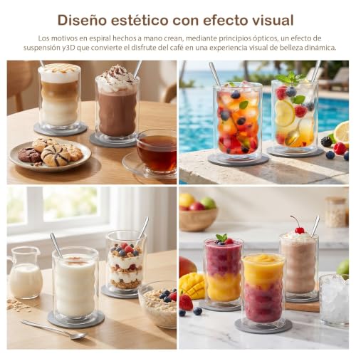 Juego de 4 Tazas de Café de Cristal 350ml – Vasos de Doble Pared de Vidrio Borosilicato con 4 Cucharillas y 4 Posavasos – Ideales para Café con Leche, Té, Latte, Macchiato y Espresso – Regalo para Pad