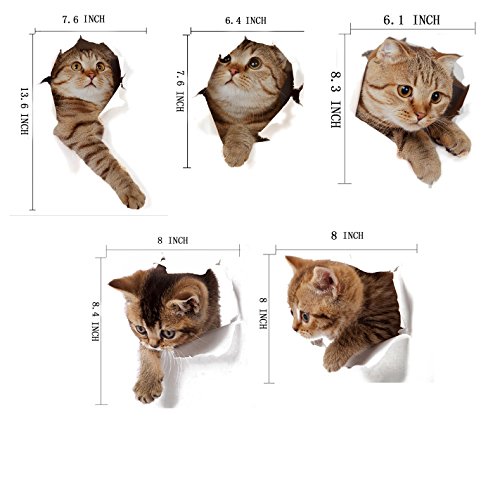 Originalidad 3D Removable Cats Large Wall Stickers Decals | Cute Animal Wall Sticker mural for Kids | Cute kitty Decor Posters for Nursery Room, Toilet, Kitchen, Offices | A set of 5