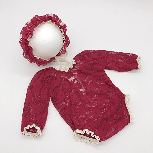 Baby Photography Props Lace Hats Rompers Newborn Girl Photo Shoot Outfits Hat Set Infant Princess Costume (Red)