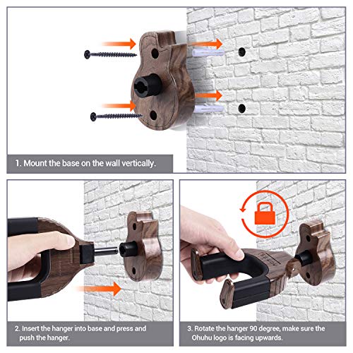Guitar Wall Mount Hanger Auto Lock, Ohuhu Guitar Hanger Wall Hook Holder Stand for Bass Electric Acoustic Guitar, Black Walnut - Thumbnail 5