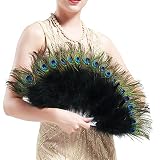 BABEYOND Roaring 20s Vintage Style Peacock & Black Marabou Feather Fan Flapper Accessories (15" L & 27" Spread)