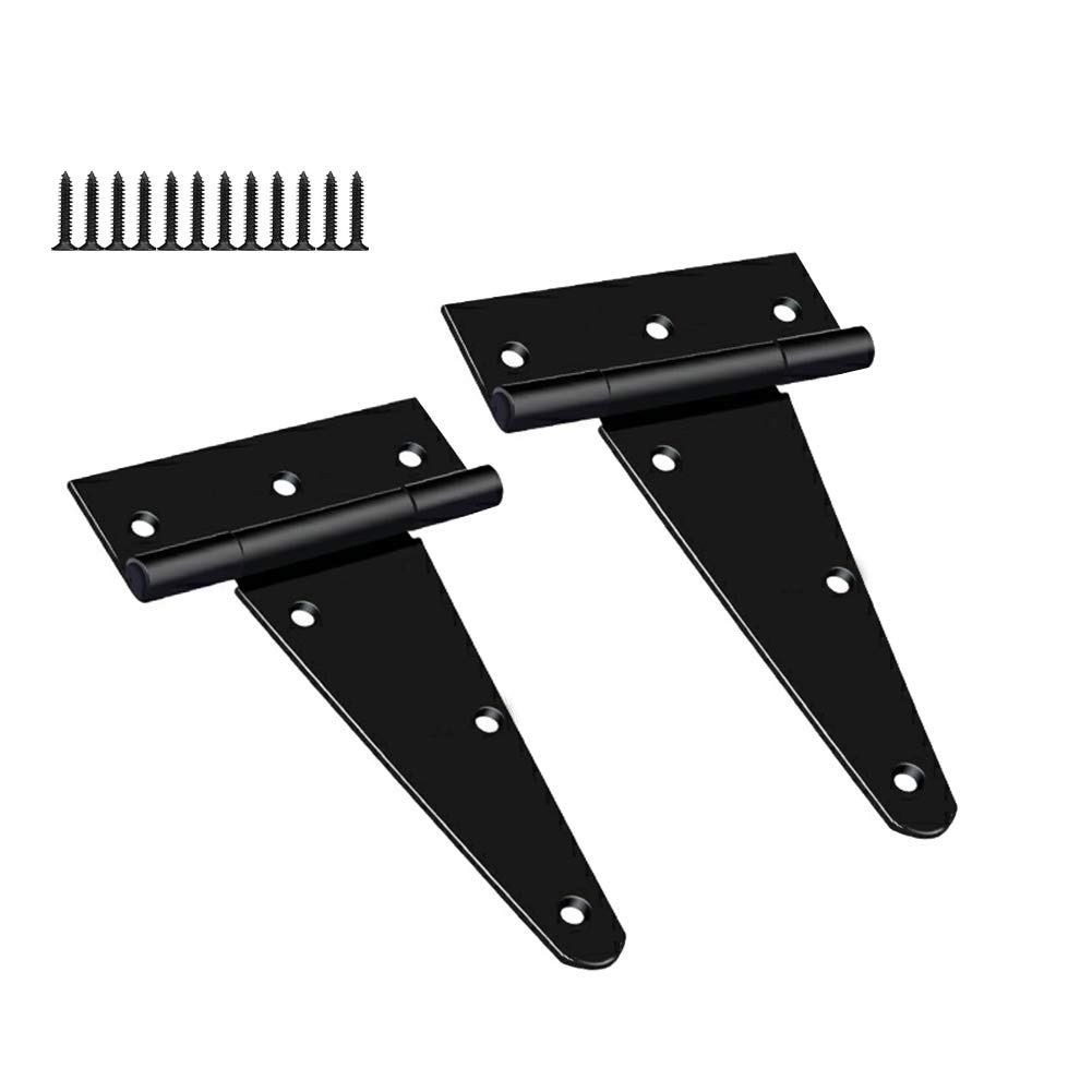 KAIISSA 2 PCS T Hinges Heavy Duty T Shape Hinges T Strap Hinges Black, Rustproof Metal Strong Tee Hinges Ideal for External Use On Gate, Shed Doors and Barn Doors, 4" / 100mm, with Screws