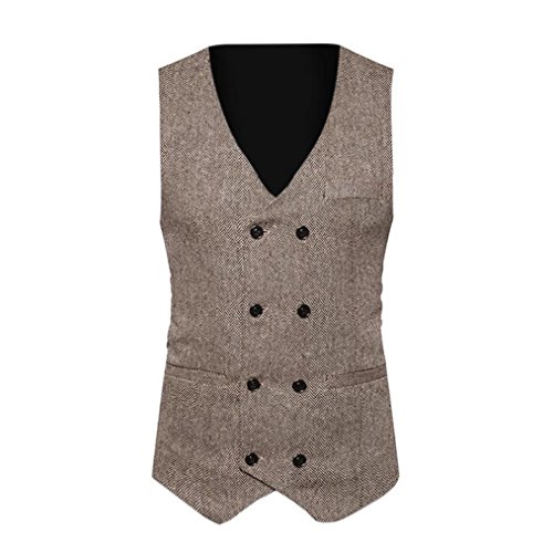 Nevera Handsome Men Formal Jacket Tweed Check Double Breasted Waistcoat Retro Slim Fit Suit (M, Khaki)