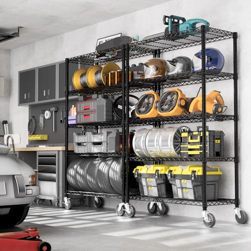 M MZG Metal Shelving Unit with Lockable Wheels Heavy Load 5 Levels, up to 750 kg, Adjustable Shelves, for Garage, Workshop and Warehouse, Studio, Black, 45 x 120 x 192 cm