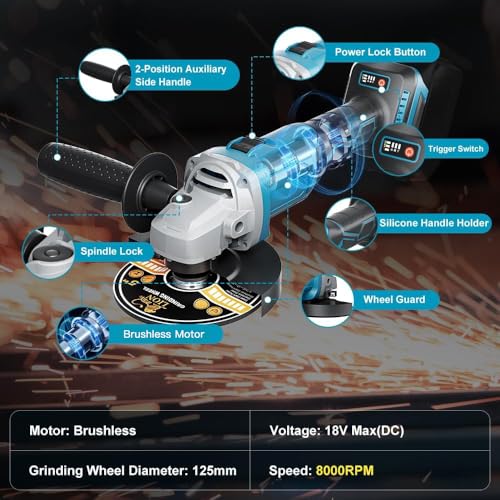 1200 W Battery Angle Grinder for Makita Battery 18 V (without Battery), 125 mm Battery Flex with 4 Speeds, Brushless Professional Angle Grinder with 2 Sanding Discs 2 Cutting Discs for Grinding, Separating