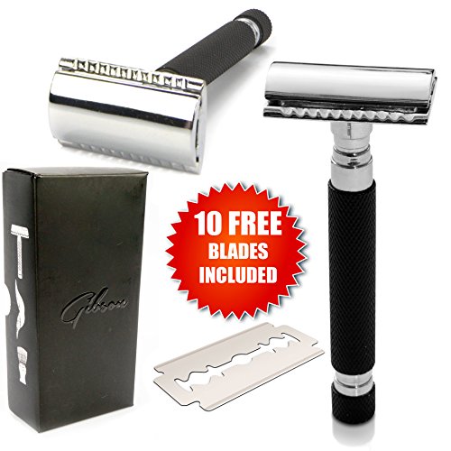 Gibson Double Edge Shaving Safety Razor Kit - Balanced Long Handled - Includes 10 DE Blades - Best Shave Set