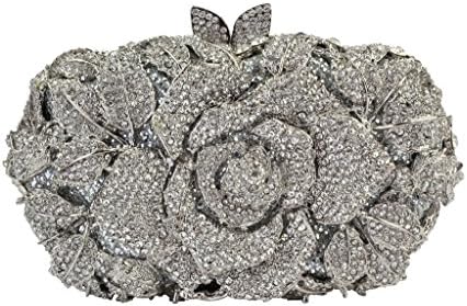 Yilongsheng Ladies Glittery Evening Clutch Bags with Floral Leafy Crystal Diamonds(Silver)