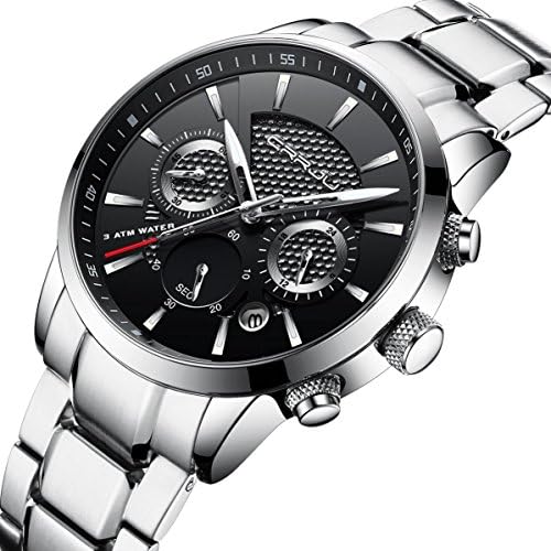 Men's Watches Silver Stainless Steel Strap Quartz Analog Chronograph Wristwatch Waterproof Date Business Watch in Black Dial