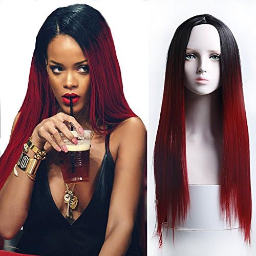 MEIFAN WIG Long Straight Ombre Black Red Wigs for Black Women Synthetic Hair Anime Cosplay Costumes Cosplay Wig (red)