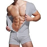 Mens Short Sleeve Onesie Henley Jumpsuit Pajamas Stretchy Cotton One Piece Garment