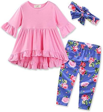 Natiny 3Pcs Suit Set Long Sleeve Top+ Flower Printed Pants+Headband Outfit Clothes Set