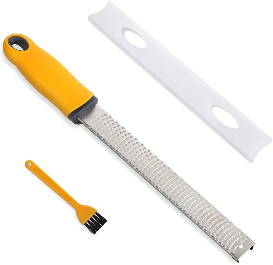 Lemon Zester Stainless Steel Cheese Grater for Chocolate Ginger Garlic Nutmeg Potato Vegetables Fruits, Protect Cover and Brush Included - Dishwasher Safe (Yellow)