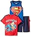 DC Comics Little Boys 3 Piece Batman and Superman T-Shirt Muscle Tee and Shorts Set, Blue, 4