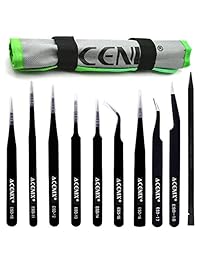 Juego de 10 piezas Precisión profesional ESD Pinzas de acero inoxidable antiestáticas Conjuntos de herramientas de mantenimiento Con spudger de nylon negro para electrónica, fabricación de joyas en el paquete del paquete de cena [paquete de valor]
