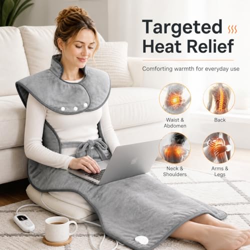 CoreBazz Electric Heating Pad for Neck and Shoulder and Back with 6 Heating Settings & 4 Timer, Large Size Heated Wrap with Auto Shut Off & Machine Washable (Silver Gray, 37x24 inch(94 * 61 CM))