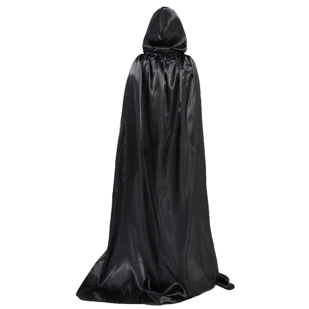 Halloween Cape Black Hooded Cloak Full Length Robe Cape with Tether for Halloween Costume Cosplay Party
