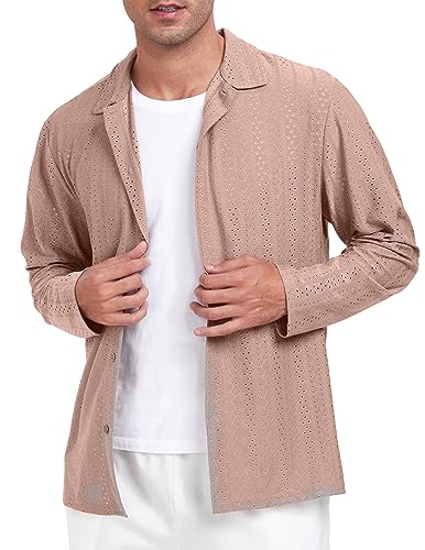 ZAFUL MENS CASUAL FULL BUTTON DOWN SHIRT LONG SLEEVE STYLISH CLASSIC CUBAN COLLAR SHIRTS TOPS (PINK L)
