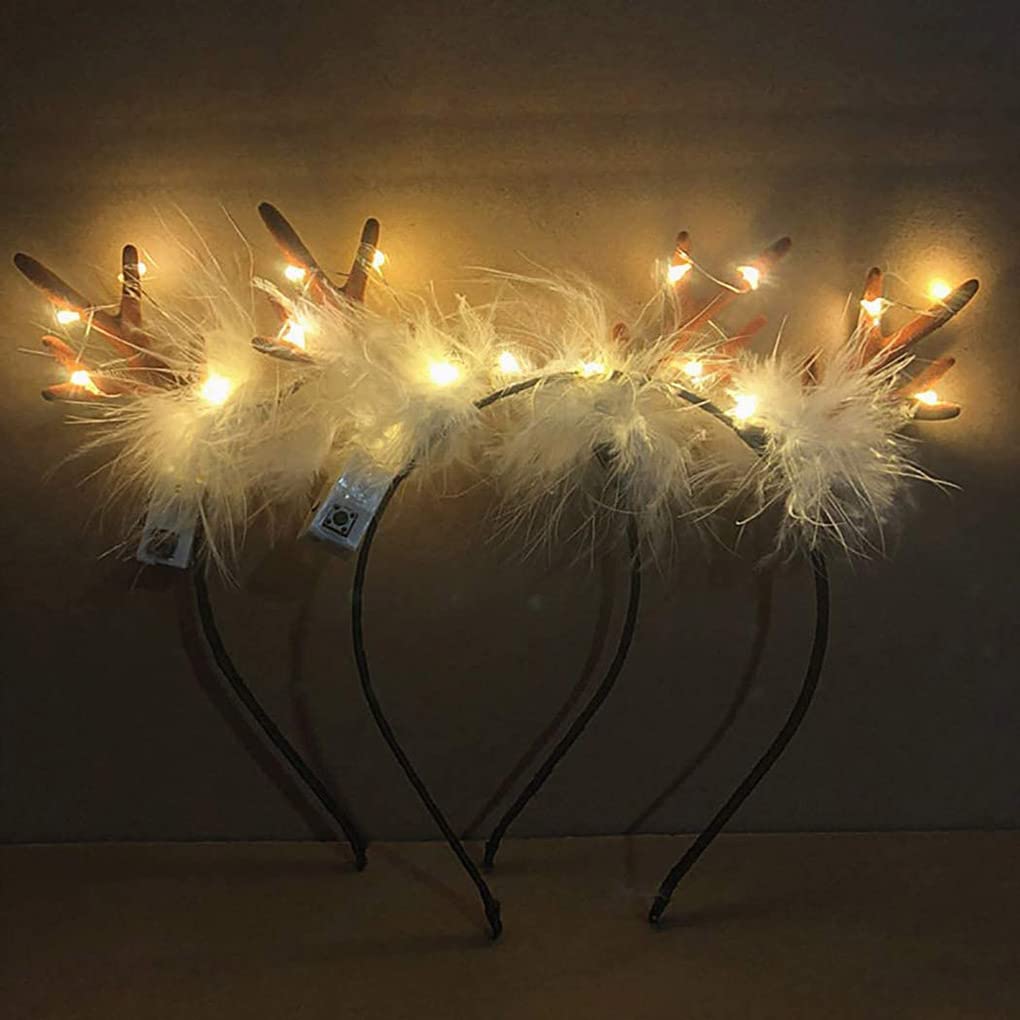 Carufin 2PCS LED Christmas Glowing Feather Hairband Light up Antlers Headbands Party Hair Accessories for Women