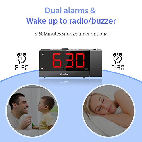 Reacher Projection Alarm Clock Radio with 5.5" Full Range Dimmer Digital LED Display Sleep Timer Radio Dual Alarms Snooze Timer Outlet Powered Dual USB Charger Ports for Bedrooms Bedside iPhone Phone