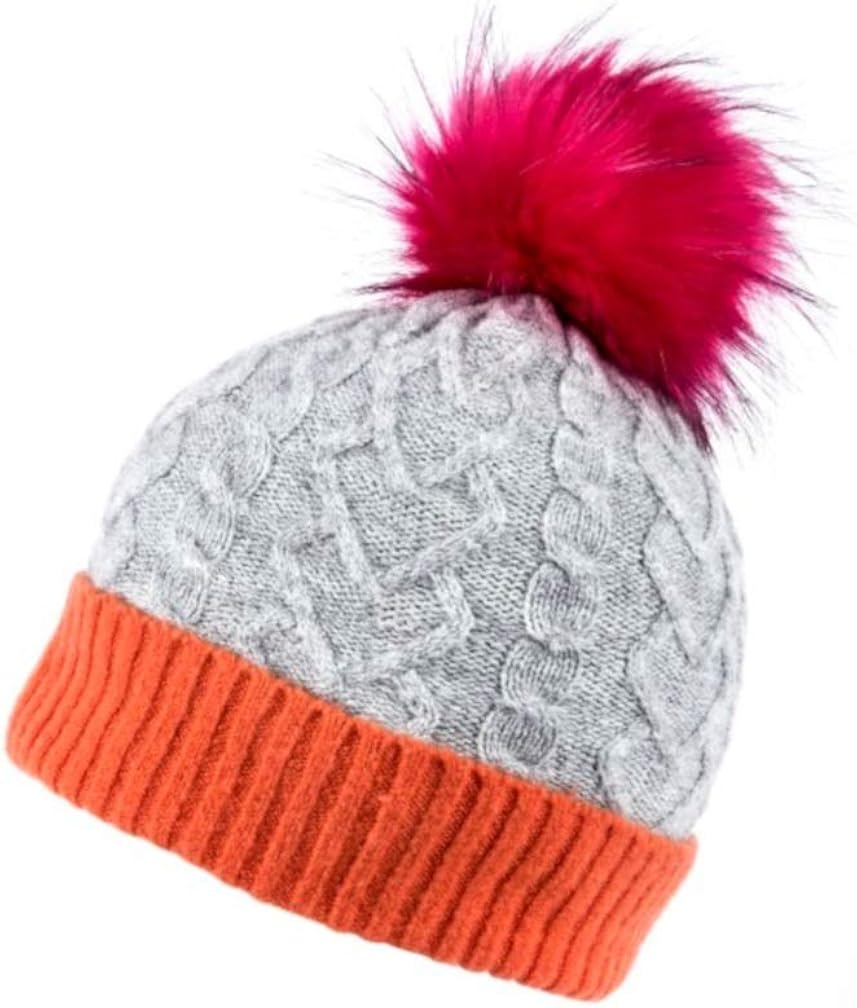 grey and pink bobble hat