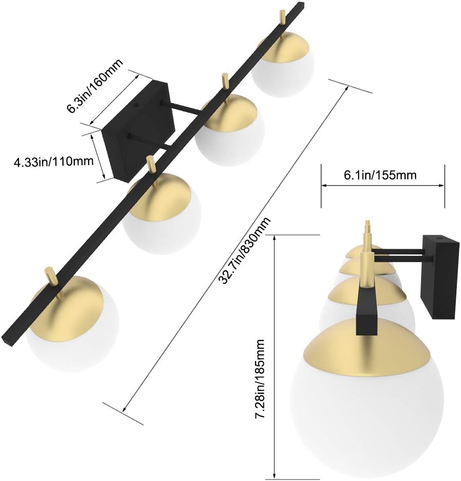 Ralbay Mid Century Modern Wall Light Fixture 4-Light Milky Glass Modern Bathroom Vanity Lights Over Mirror, Black/Golden Modern Vanity Light for Bathroom (Exclude Bulb) - - 