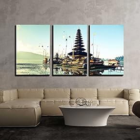 3 Piece Canvas Wall Art - Bali Pura Ulun Danu Bratan Water Temple Decorated for The Ceremony - Modern Home Art Stretched and Framed Ready to Hang - 16"x24"x3 Panels