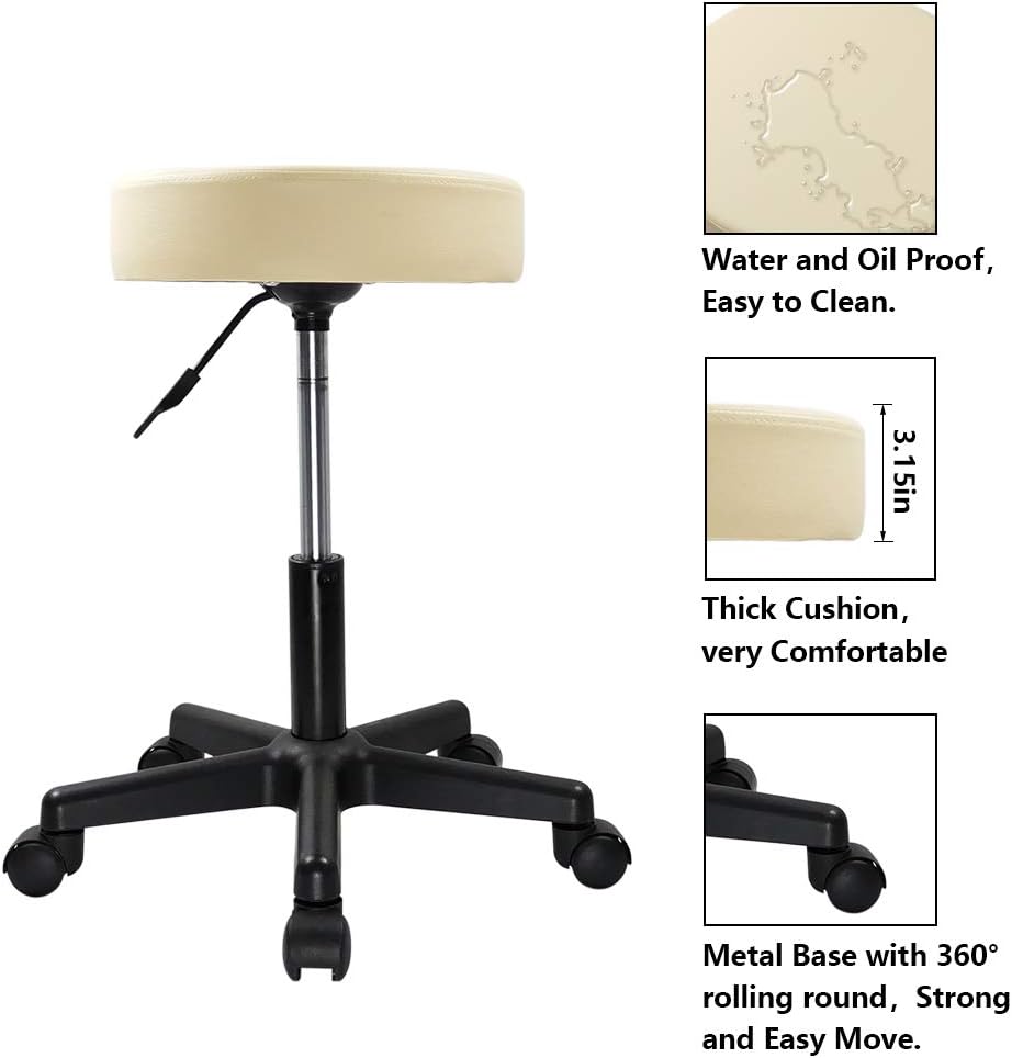 KKTONER Round Rolling Stool PU Leather Height Adjustable Swivel Drafting Work SPA Medical Salon Stools Chair with Wheels Beige: Furniture & Decor