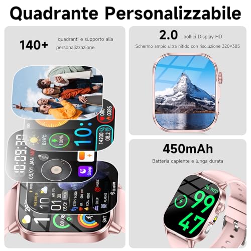2026 Nuovo Smartwatch Donna con ECG/Pressione Sanguigna/Sonno/Acido Urico/Temperatura/HRV/Cardiofrequenzimetro/BMI/Emozioni/Fatica, 2,0"Orologio Salutare con Torcia LED/Funzione Telefono/Pulsante SOS