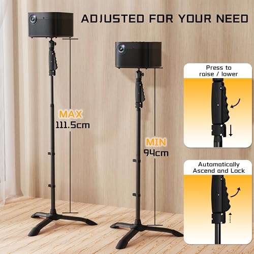 ETHU Projector Floor Stand, One-hand Height Adjustable(94-111cm) Projector Stand Tripod with Safety Lock, Tall Projector Floor Stand Mount with Heavy-Duty Construction for Home, Stage, Office