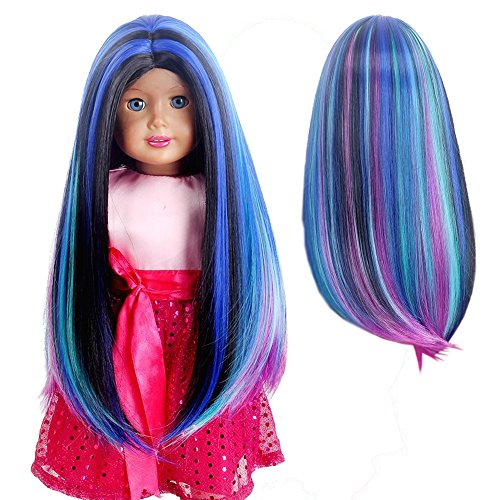 STfantasy American Girl Doll Wigs Ombre Blue Purple Highlights Long Straight Hairpiece