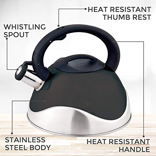 Whistling Stainless Steel Tea Kettle With Soft Grip Ergonomic Handle by American Dream- Stovetop Pot 3.2 QT-Black - Thumbnail 2