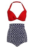 High Waist Retro Bikini Swimsuit Swimwear with Dark Blue Polka Dot Bottom and Red Top
